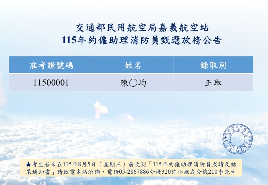 115年約僱助理消防員甄選放榜公告